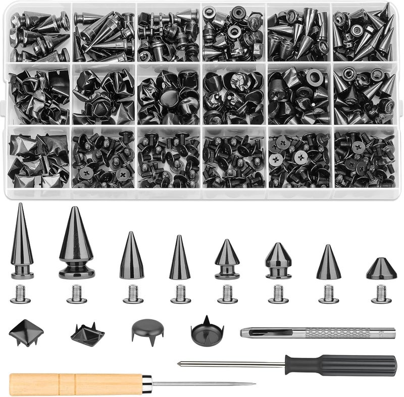 Jollidecor 455 PCS Black Studs for Clothing, 10 Size Metal Spikes and Studs Leather Rivets for Craft, Square Pyramid Studs Round Dome Rivets DIY Punk Style Decoration for Clothes Belts Dog Collar - Image 1